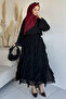 Black Lined Ruffle Detailed Chiffon Skirt Blouse Double Set