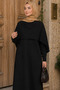 Black Rose Flower Detailed Hijab Dress with Cape - 3