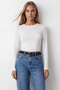 Women's White Crew Neck Blouse with Finger Detail Alc-X15657 - 4