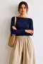 Women's Crop Bodycone Long Sleeve Navy Blue Blouse - 4