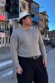 Men's Large Size Gray Zippered Striped Sweatshirt