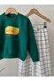 Children's Butter Printed Green School Sweatshirt and Ecru Checkered Sweatpants Set - 3