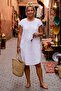 White Pool Collar Low Sleeve Pocketed Robe and Casual Muslin Woven Dress with Embroidery on the Sides 95 55