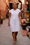 White Pool Collar Low Sleeve Pocketed Robe and Casual Muslin Woven Dress with Embroidery on the Sides 95 55 - 6
