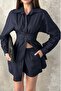 Navy Blue Double Suit with Belt at the Waist - 4