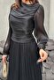 Black Gathered Detailed Cuffed Belted Dress - 4