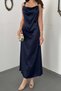 Navy blue satin degaje neckline dress with buckled shoulders - 4