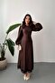 Brown Embossed Lace Detailed Belted Long Dress