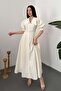 Ecru Baby Collar Balloon Sleeve Embroidered Dress - 2