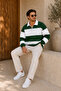 Premium Unisex Green Striped Polo Collar Sweatshirt with Half Zipper Detail - 4