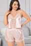 Women's Plus Size Salmon Satin Lace Detailed Thin Strap Shorts 2-Piece Pajama Set - 2