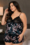 Women's Plus Size Navy Blue Floral Patterned Black Lace Detailed Shorts Pajama Set - 3