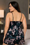 Women's Plus Size Navy Blue Floral Patterned Black Lace Detailed Shorts Pajama Set - 4