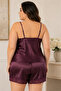 Women's Plus Size Plum Satin Lace Detailed Thin Strap Shorts 2-Piece Pajama Set - 4