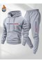 Gray Paris Letter Striped Combination Top and Bottom Tracksuit Set - Printed Oversize Elastic Cuffed Hoodie - 2