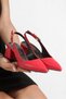 Red Leather, Pointed Toe, Open Back, Large Buckle, 5cm Covered Heel, New Season - 4