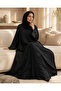 Luxury Black Floral Appliqué Abaya with Embellished Satin Cuffs | Elegant Flowing Open-Front Abaya - 4
