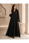 Luxury Black Floral Appliqué Abaya with Embellished Satin Cuffs | Elegant Flowing Open-Front Abaya