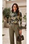 Women's Khaki Snake Patterned High Neck Long Sleeve Viscose Blouse - 4