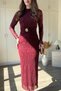 Glittery Transparent Long Sleeve Midi Burgundy Dress with Waist Accessories - 4