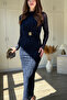 Silvery Transparent Long Sleeve Midi Navy Blue Dress with Waist Accessories - 2