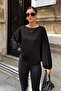Women's Black Boat Neck Bat Sleeve Wide Cut Blouse - 2