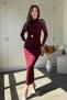 Glittery Transparent Long Sleeve Midi Burgundy Dress with Waist Accessories - 3