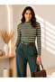 Women's Green Retro Pattern Stand Collar Long Sleeve Viscose Elastane Trendy Blouse - 4