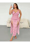 Pink Plus Size Rose Patterned Double Slit Long Nightgown - 3