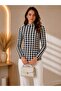 Women's Ecru Black Houndstooth Patterned High Neck Long Sleeve Viscose Blouse - 2