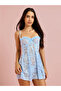 Blue Floral Lace Details Balconette Neck Babydoll with Lace Brief - 3