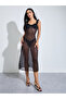 Black Geomatic Pattern Ruffled Details Maxi Slip with Brief
