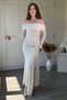 Boat Neck Lace Detailed Maxi White Dress with Belt on the Front - 8
