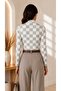 Women's Ecru Gray Checkered Patterned High Collar Long Sleeve Viscose Elastane Trend Blouse - 7