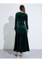 Green Velvet Rhinestone Embellished Waist A-Line maxi Dress - 5