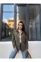 Women's Khaki Gabardine Fabric Oversize Shirt Jacket with Pocket Detail