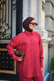 Women's Silver Button Detail Shirt Collar Linen Suit Red - 3