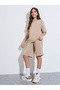 Teen Girls Beige Raglan Sleeves Oversized T-Shirt and Shorts Set - 3