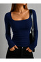Women's Slim Fit Square Neck Long Sleeve Ribbed Blouse