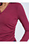 Burgundy Textured Side Ruched V-Neck Top - 4