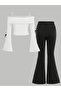 Girl's Bow Detailed Madonna Collar Blouse and Bottom 2-Piece Set - 3
