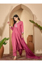 Pink Embroidered V-Neck Flared Kurta and Pant Set with Dupatta - 4