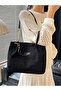 Black Textured Shoulder Bag with Gold Chain Detail