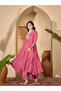 Pink Embroidered V-Neck Flared Kurta and Pant Set with Dupatta