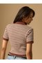 Brown Striped Crop Cotton Knit Polo T-Shirt - 5