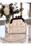 Hand Knitted Women's Bag with Ecru Floral Detail, Wooden Handle and Chain Strap Clutch Bag - 2