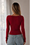 Square Collar Basic Ribbed Fabric Lycra Women's Long Sleeve Basic Blouse - 2