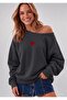 Minik Heart Printed Oversized Women's Boat Neck Sweatshirt
