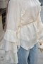 Women's Layered Sleeves, Ruffle Detail on the Front, Tie Waist Tunic, Cream - 5