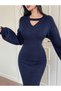 Choker Collar Hair Braid Patterned Balloon Sleeve Women's Knitwear Dress